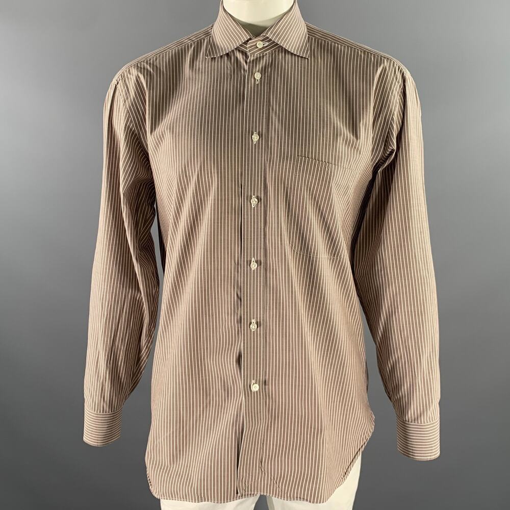 BORRELLI Size L Brown White Stripe Cotton Long Sleeve Shirt